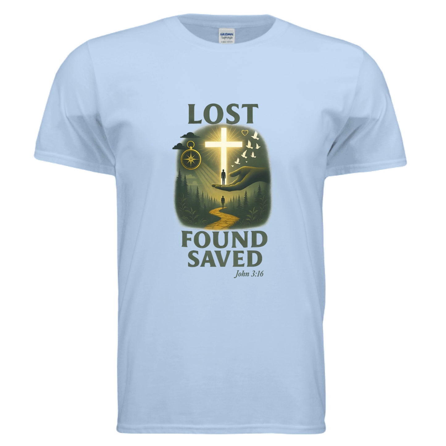 Lost Found Saved John 3:16 Faith T-shirt LIGHT BLUE Salvation Clothing and Accessories Apparel