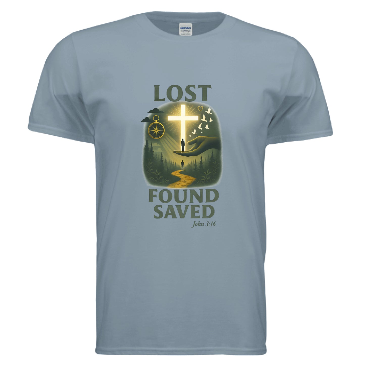 Lost Found Saved John 3:16 Faith T-shirt Stone Blue Salvation Clothing and Accessories Apparel