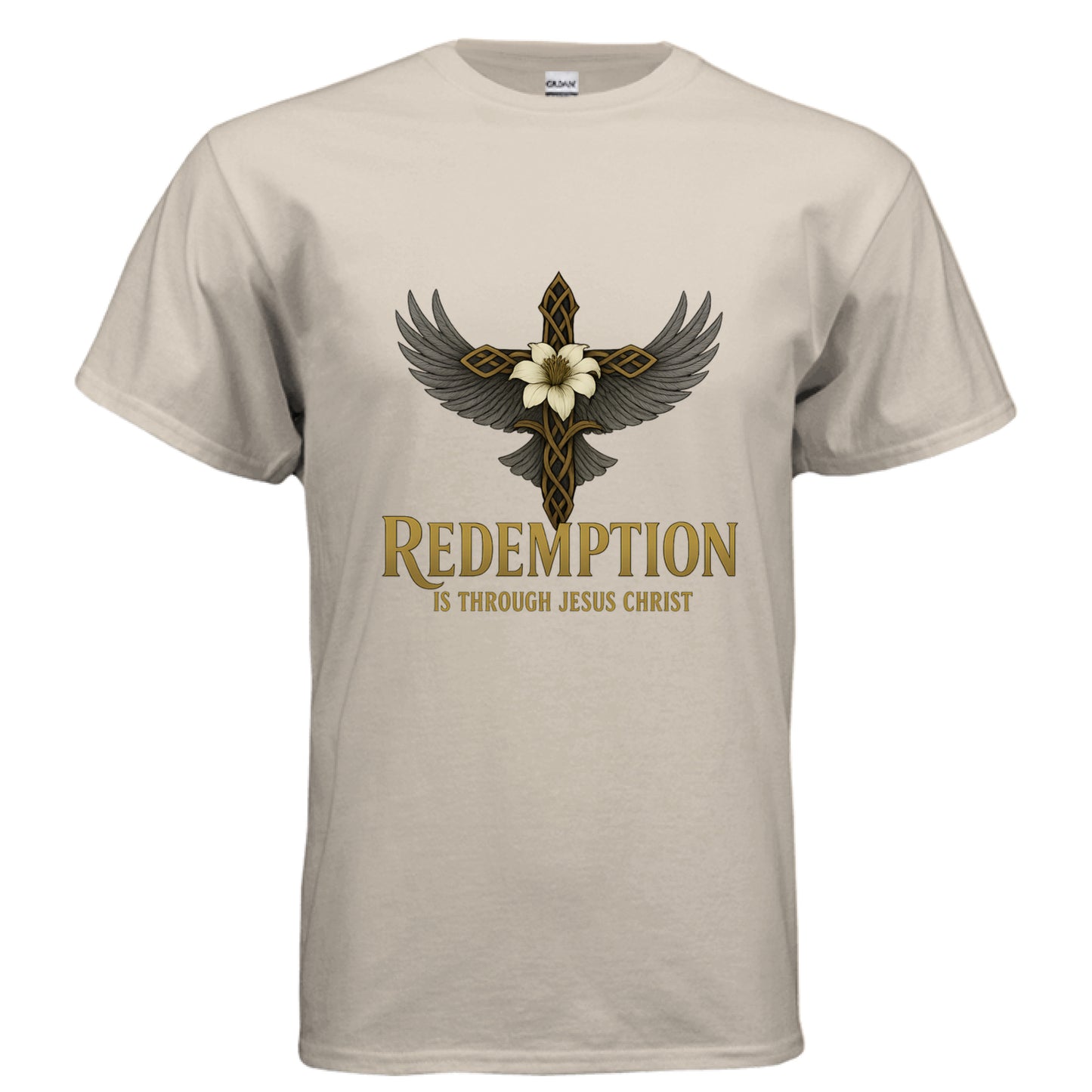 Redemption is Through Christ Faith T-Shirt SAND Salvation Clothing and Accessories