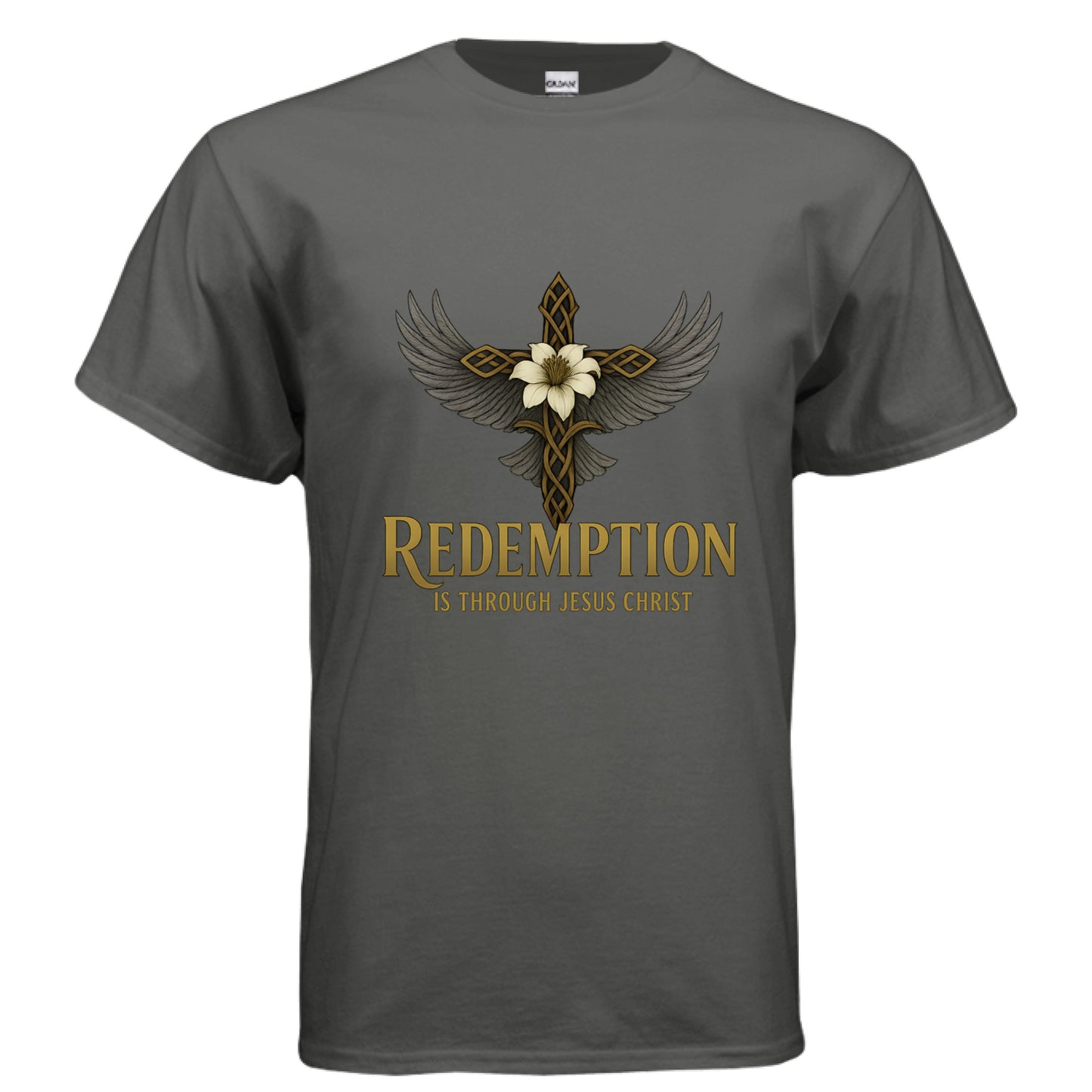 Redemption is Through Christ Faith T-Shirt CHARCOAL Salvation Clothing and Accessories