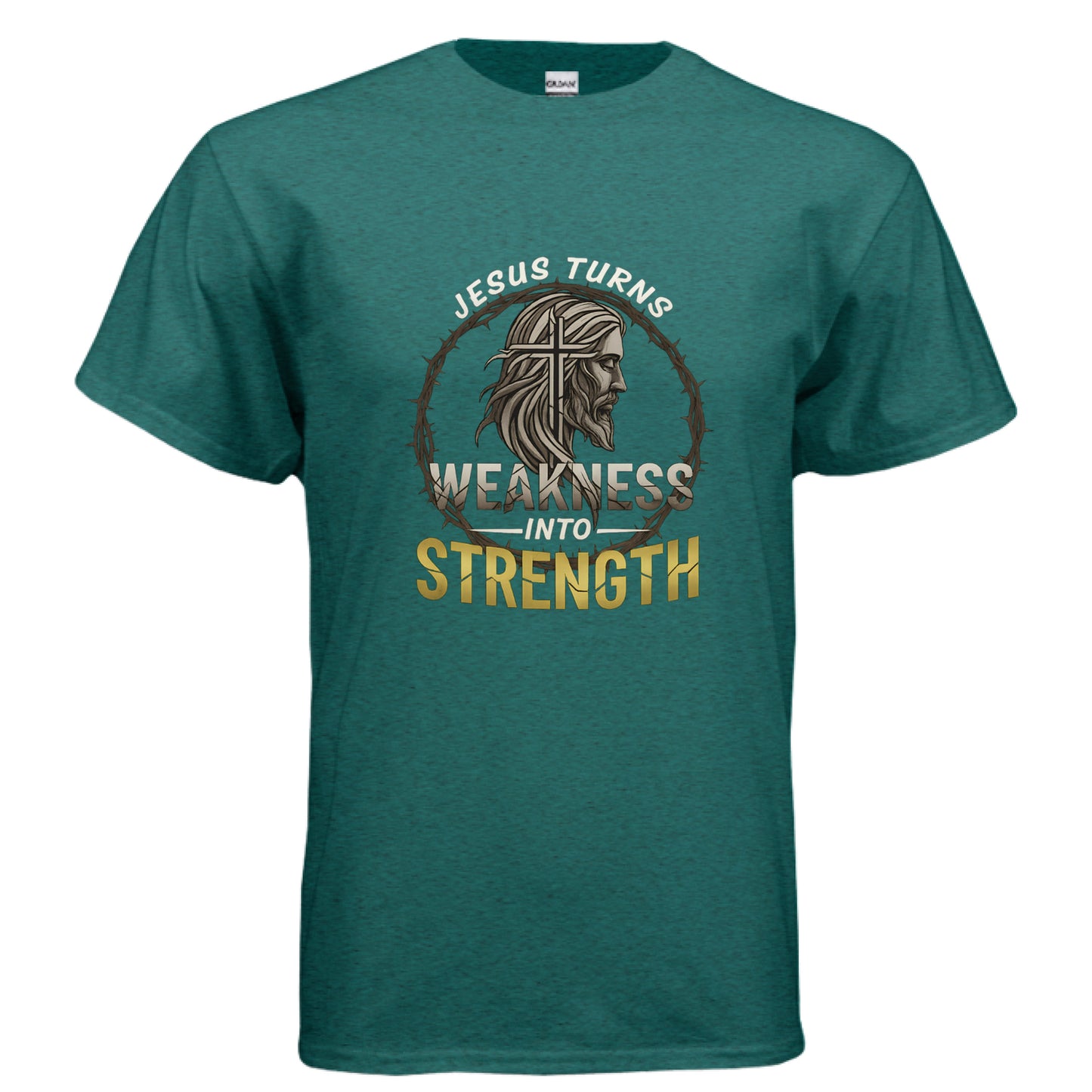 Jesus Turns Weakness into Strength Faith T-Shirt ANTIQUE JADE DOME Salvation Clothing and Accessories Apparel