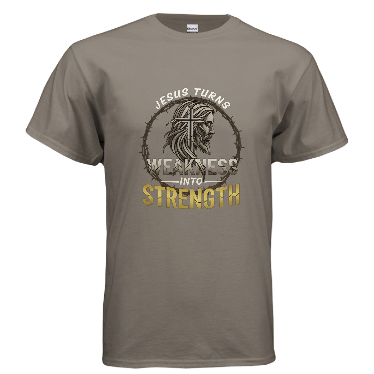 Jesus Turns Weakness into Strength Faith T-Shirt BROWN SAVANA Salvation Clothing and Accessories Apparel