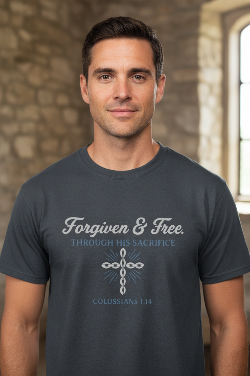 Forgiven and Free Colossians 1:14 Faith T-Shirt Salvation Clothing and Accessories Apparel
