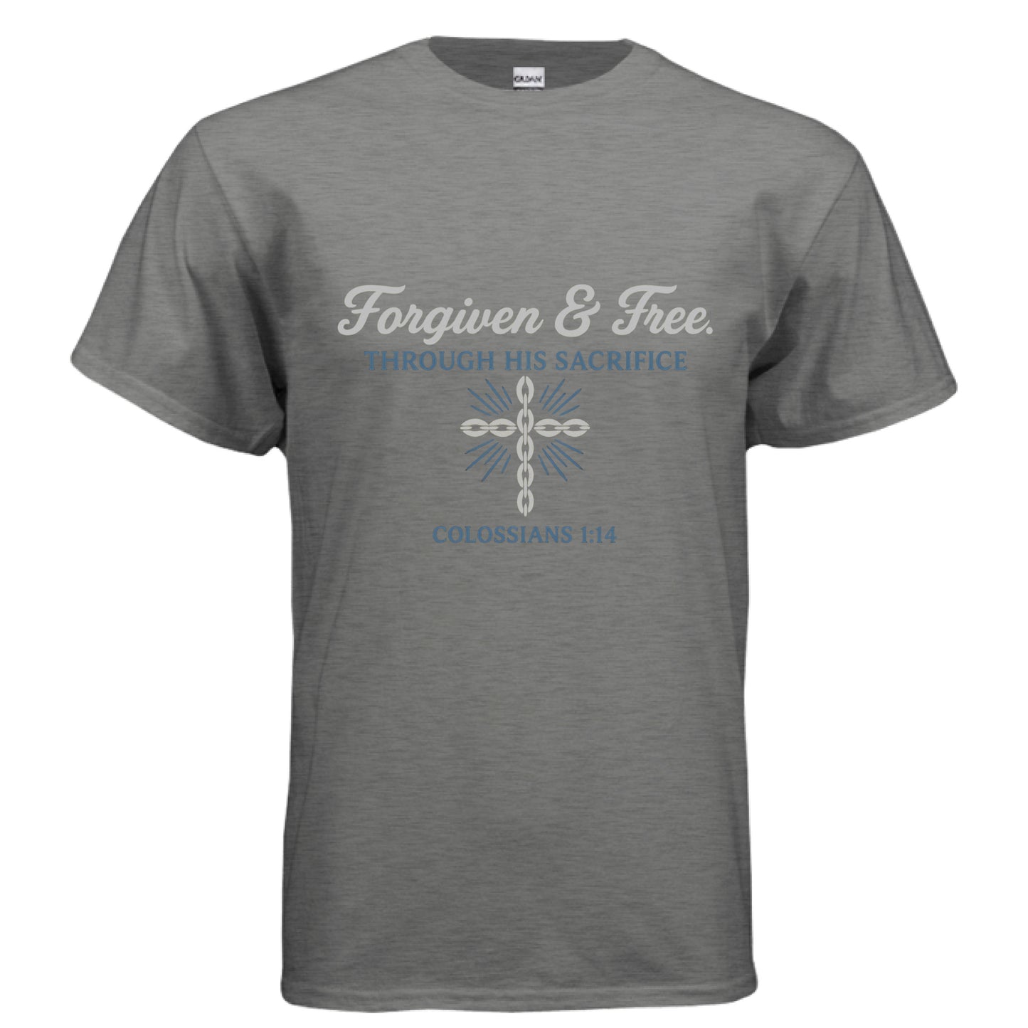 Forgiven and Free Colossians 1:14 Faith T-Shirt GRAPHITE HEATHER Salvation Clothing and Accessories Apparel