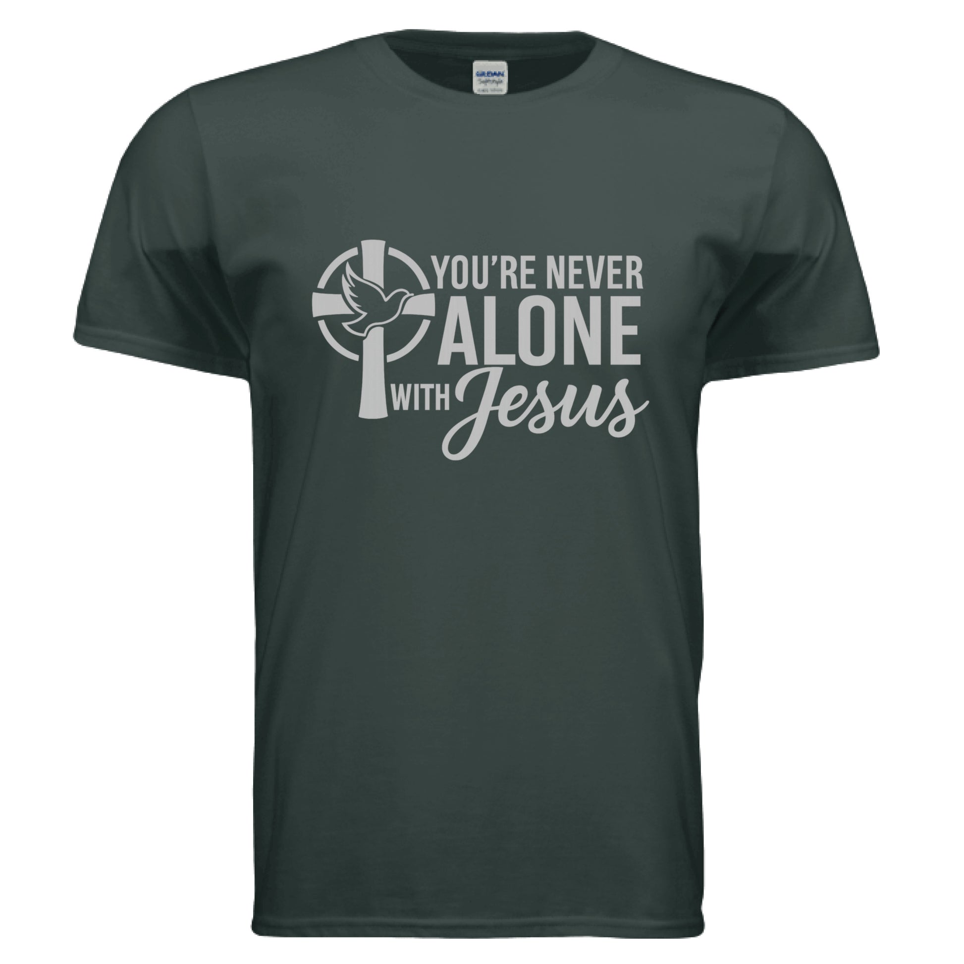 You're Never Alone with Jesus Faith T-Shirt FOREST GREEN Salvation FaithWear Apparel