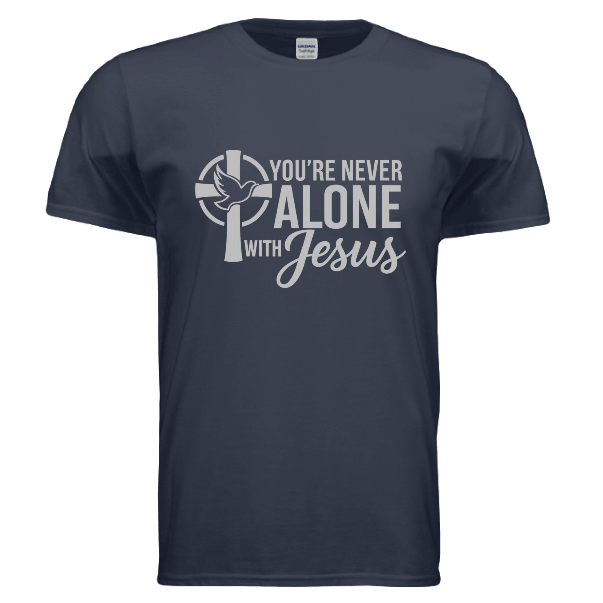 You're Never Alone with Jesus Faith T-Shirt NAVY Salvation FaithWear Apparel