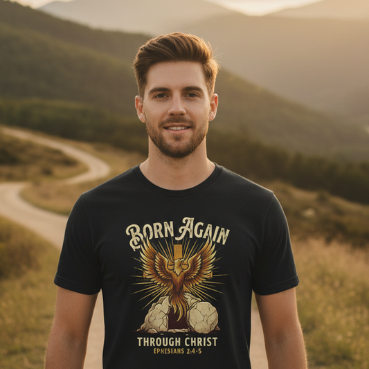 Born Again Through Christ Ephesians 2: 4-5 Faith T-Shirt BLACK Salvation FaithWear Apparel