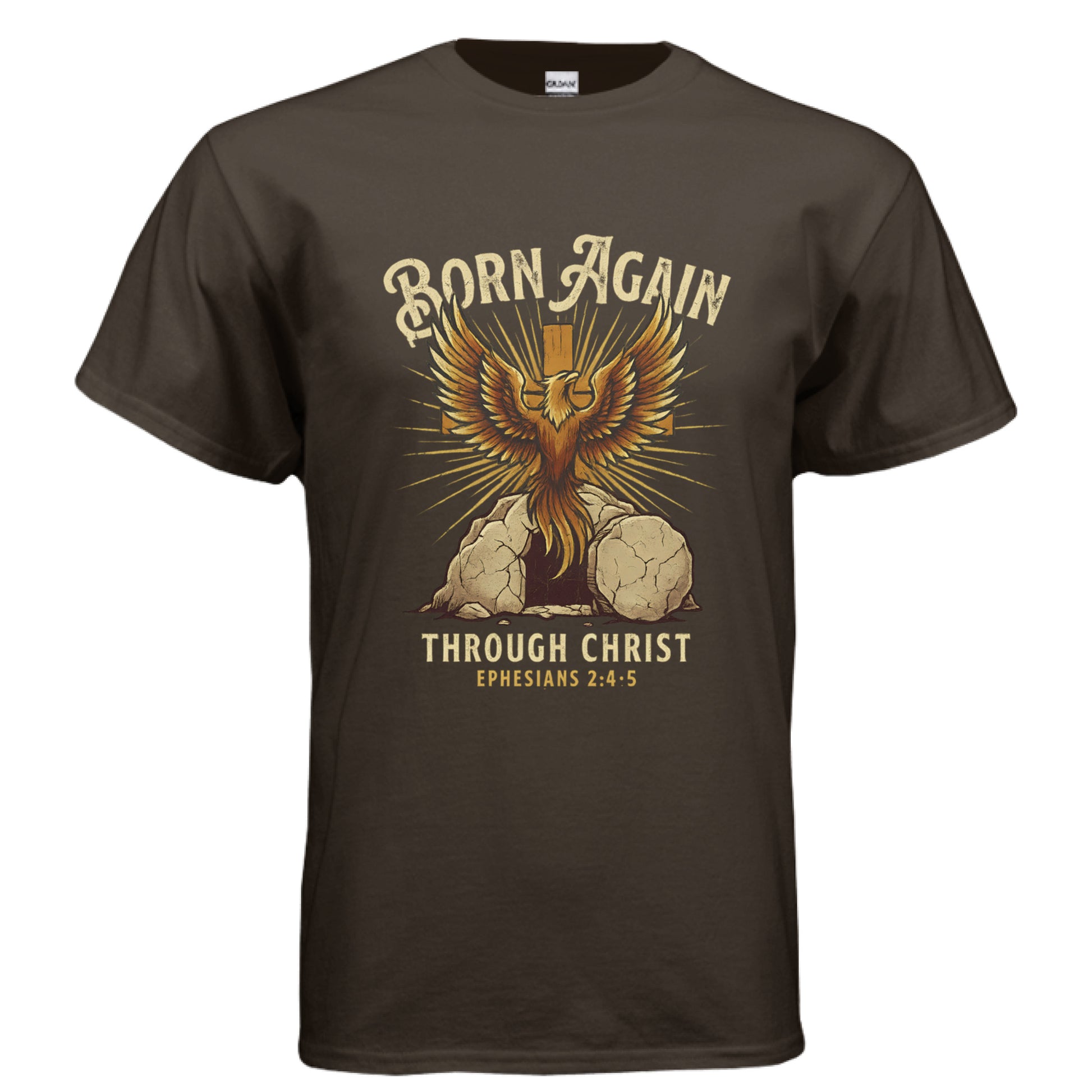 Born Again Through Christ Ephesians 2: 4-5 Faith T-Shirt DARK CHOCOLATE Salvation FaithWear Apparel
