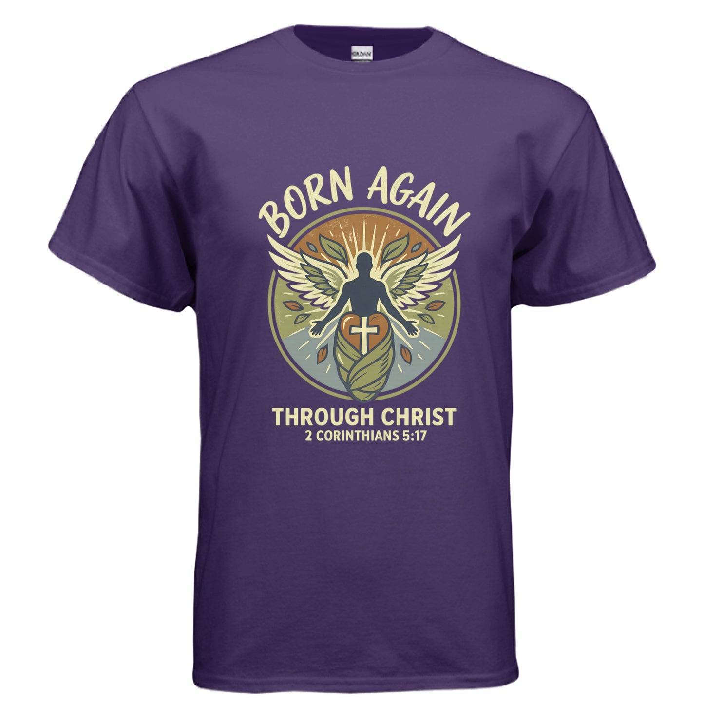 Born Again Through Christ 2 Corinthians 5:17 Faith T-Shirt PURPLE Salvation FaithWear Apparel