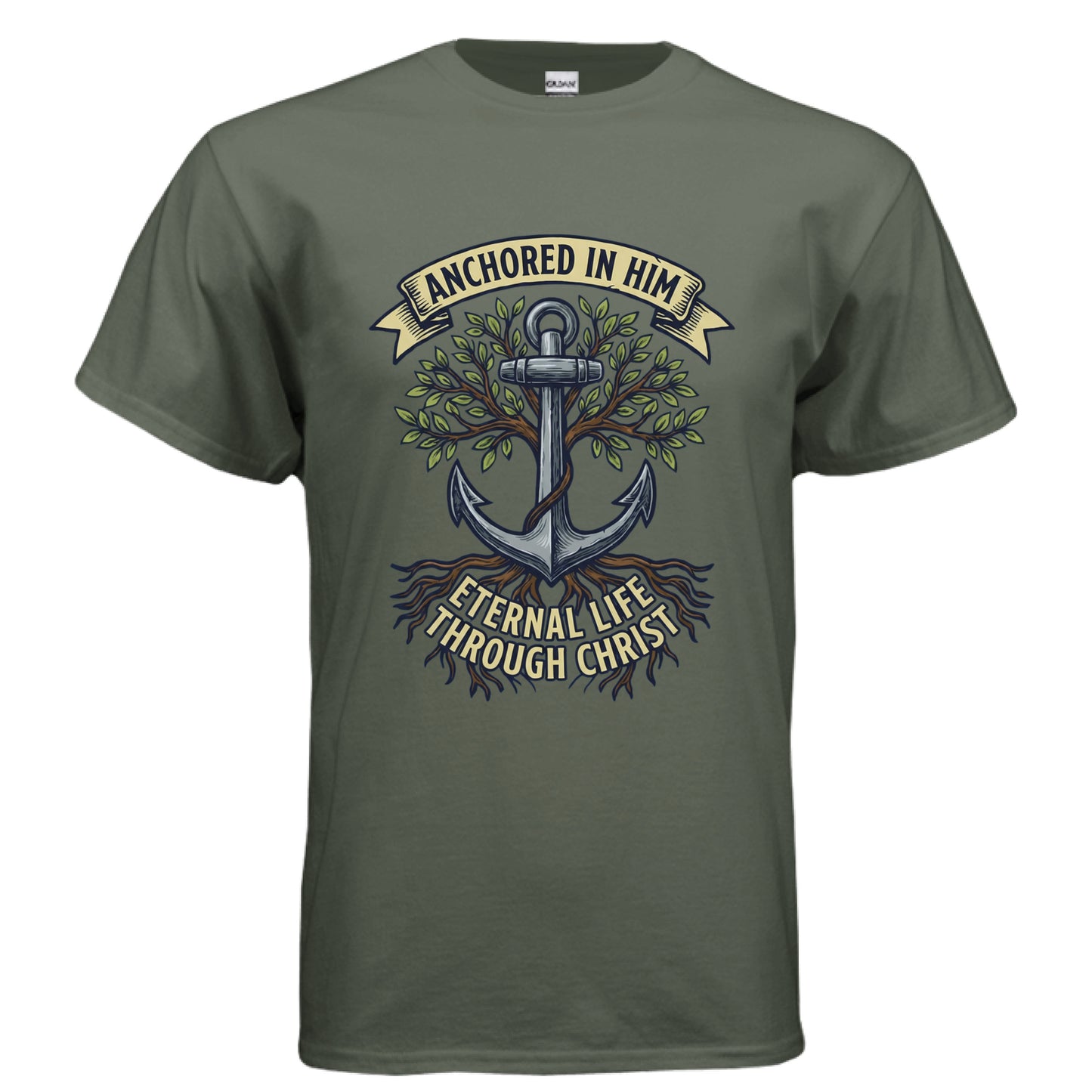Eternal life in Christ Faith T-Shirt MILITARY GREEN Salvation FaithWear Apparel