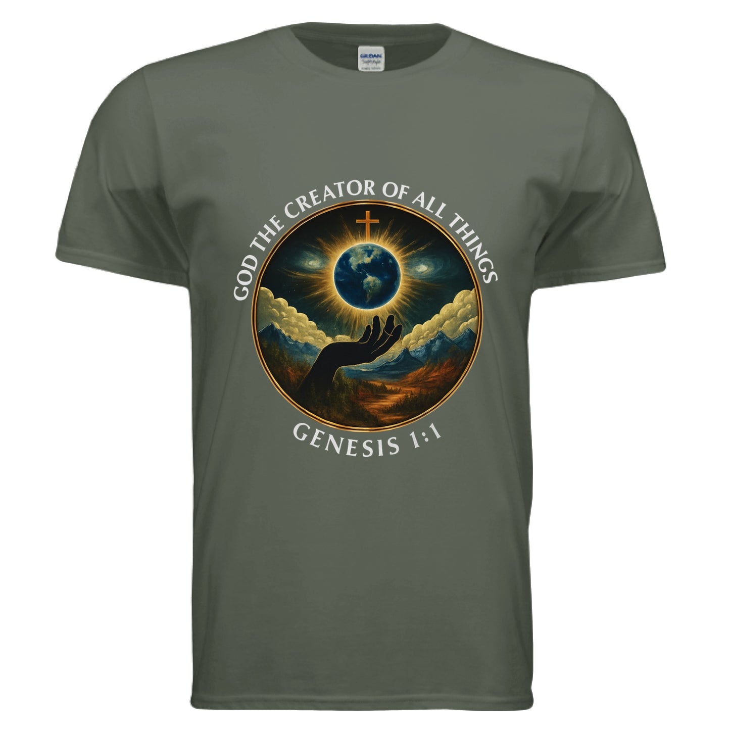 God the Creator of all Things Faith T-Shirt MILITARY GREEN Salvation FaithWear Apparel