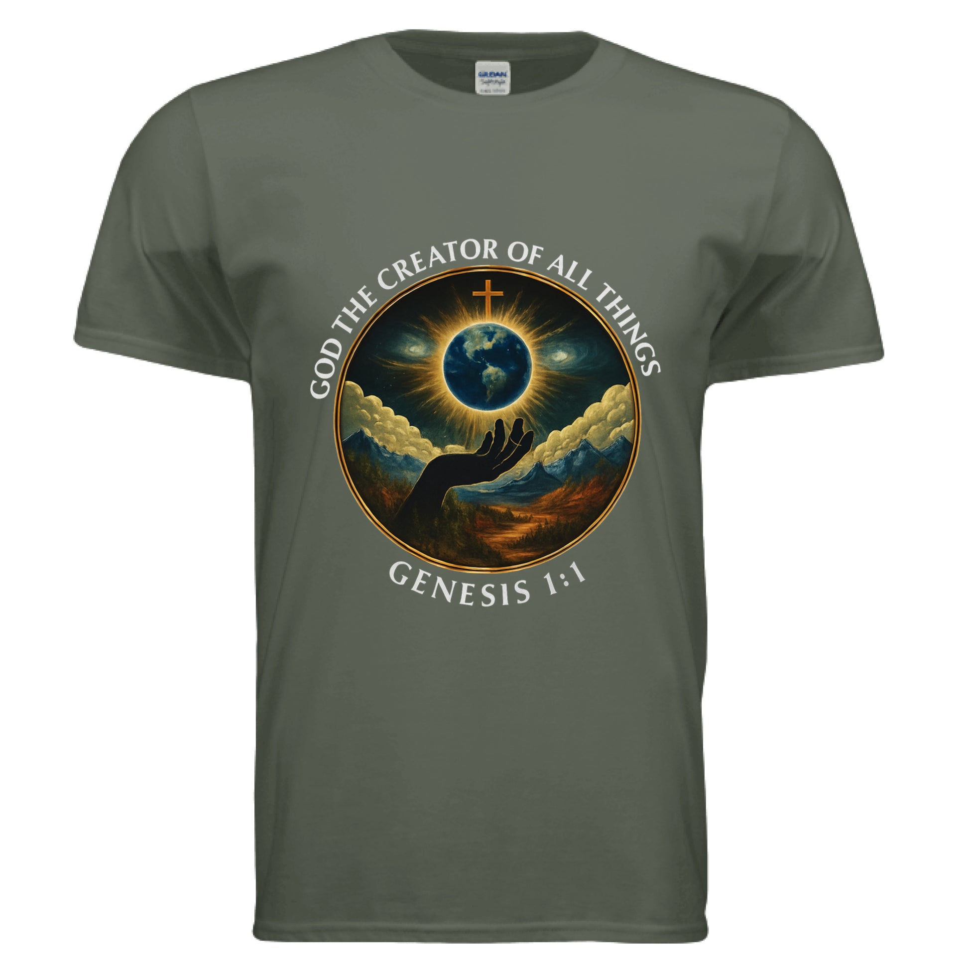God the Creator of all Things Faith T-Shirt MILITARY GREEN Salvation FaithWear Apparel
