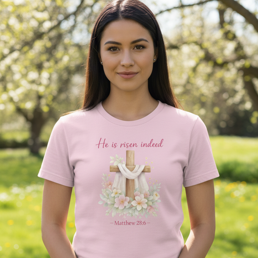 He is Risen Indeed Matthew 28:6 Faith T-Shirt LIGHT PINK Salvation FaithWear Apparel