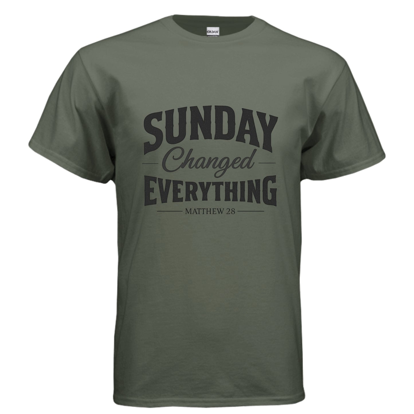 Sundays Changed Everything Matthew 28 Faith T-Shirt MILITARY GREEN Salvation FaithWear Apparel