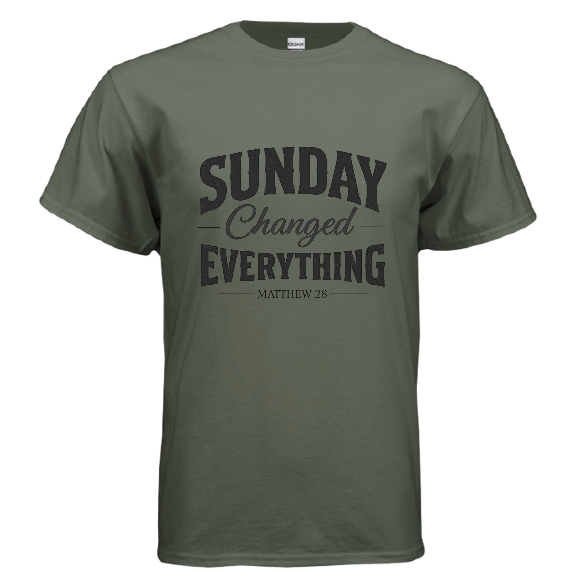 Sundays Changed Everything Matthew 28 Faith T-Shirt MILITARY GREEN Salvation FaithWear Apparel