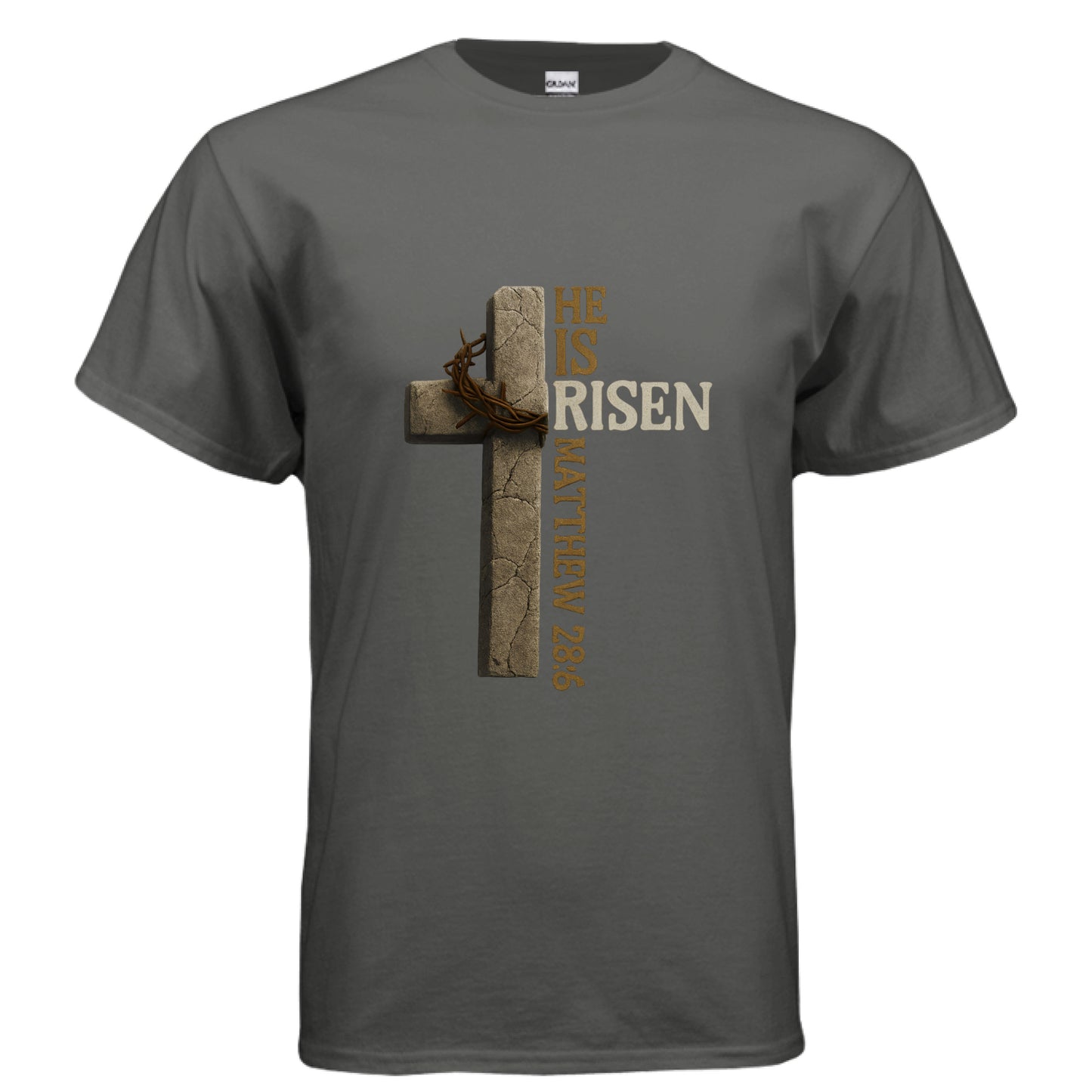 He is Risen Matthew 28:6 Faith T-Shirt CHARCOAL Salvation FaithWear Apparel