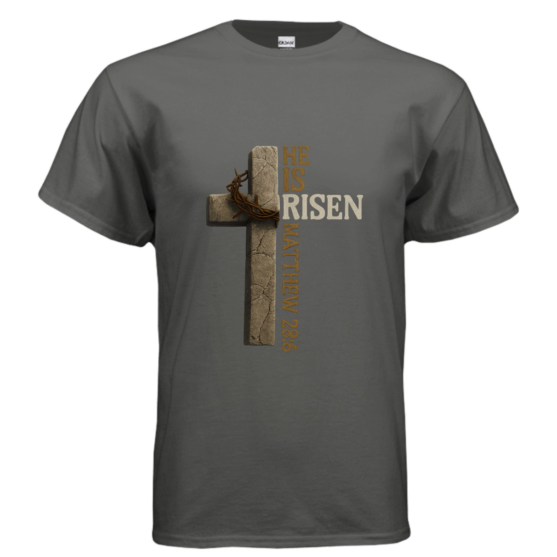He is Risen Matthew 28:6 Faith T-Shirt CHARCOAL Salvation FaithWear Apparel