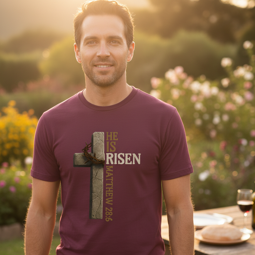 He is Risen Matthew 28:6 Faith T-Shirt MAROON Salvation FaithWear Apparel