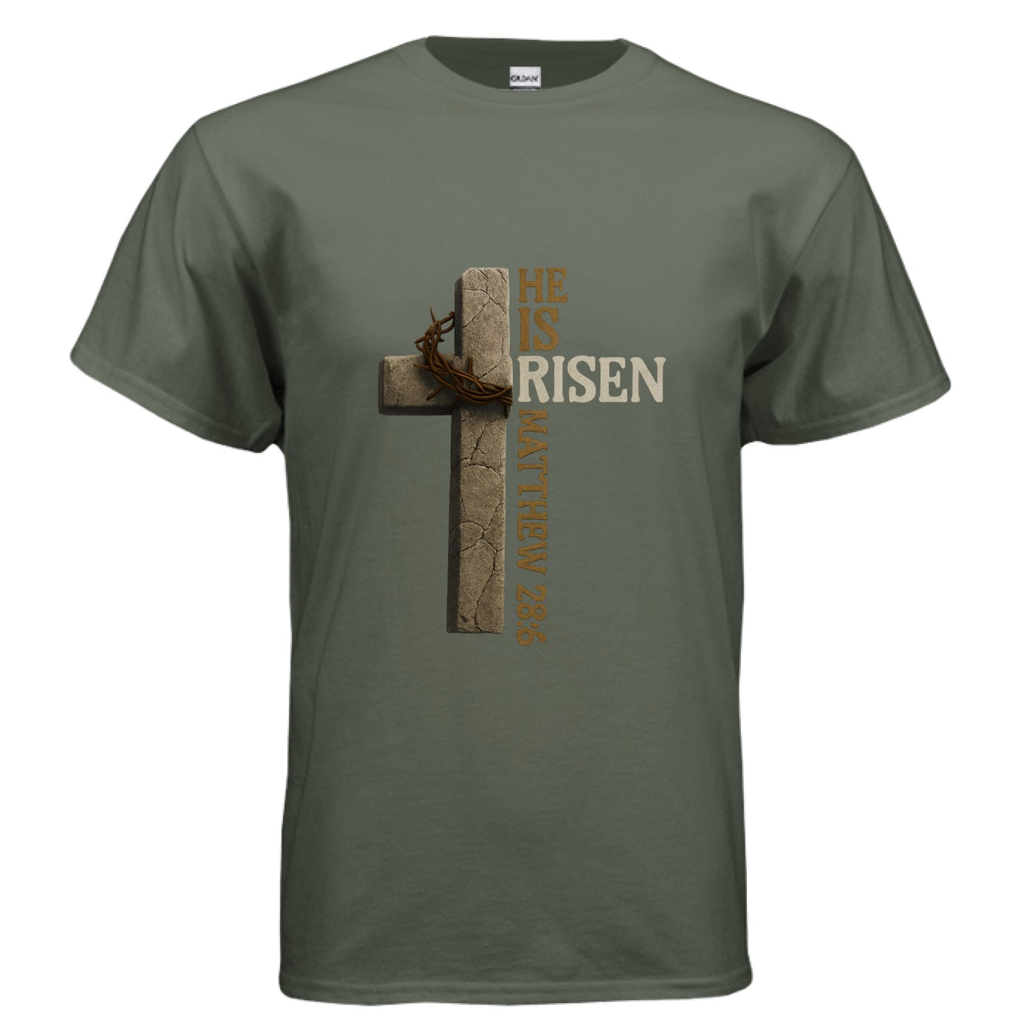 He is Risen Matthew 28:6 Faith T-Shirt MILITARY GREEN Salvation FaithWear Apparel