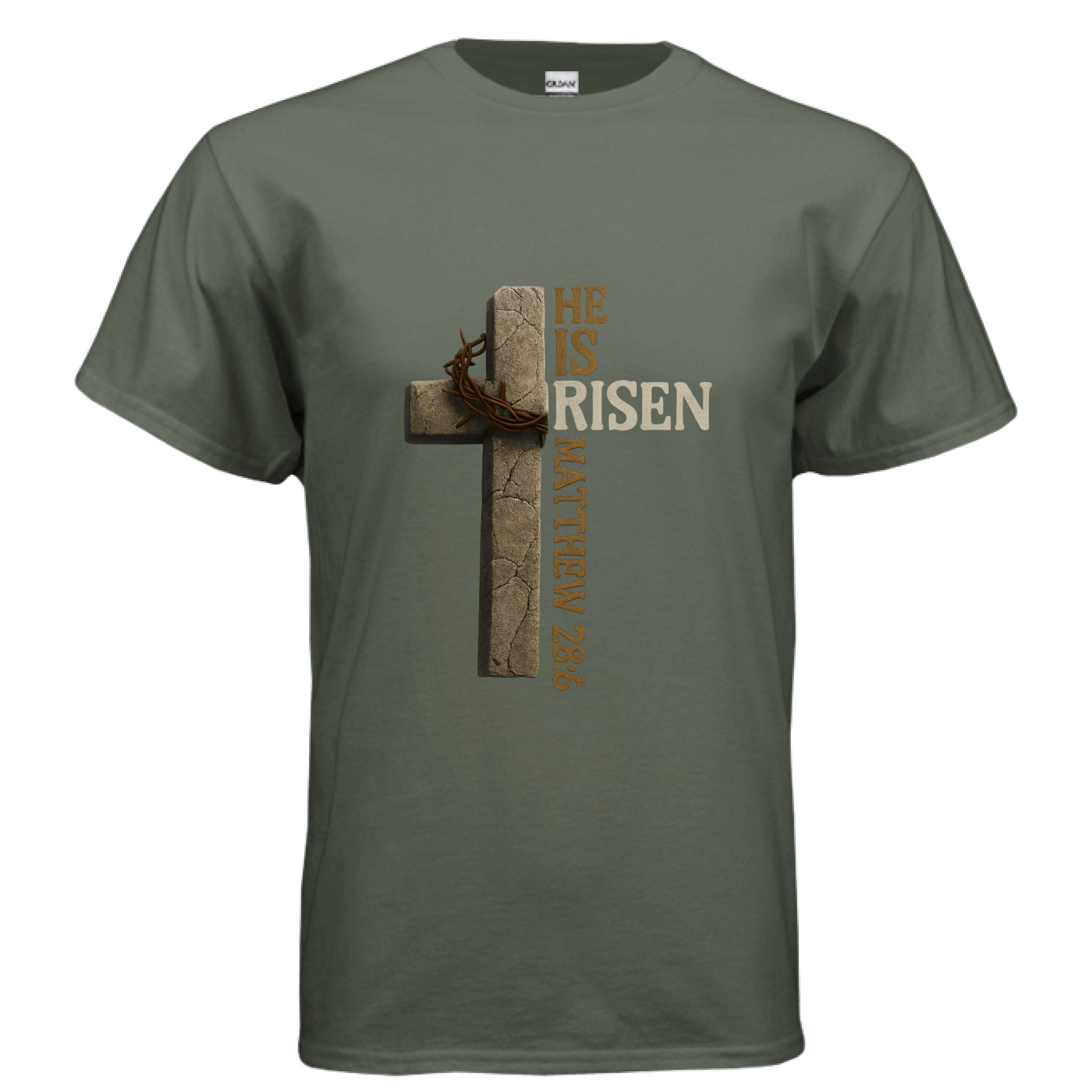 He is Risen Matthew 28:6 Faith T-Shirt MILITARY GREEN Salvation FaithWear Apparel