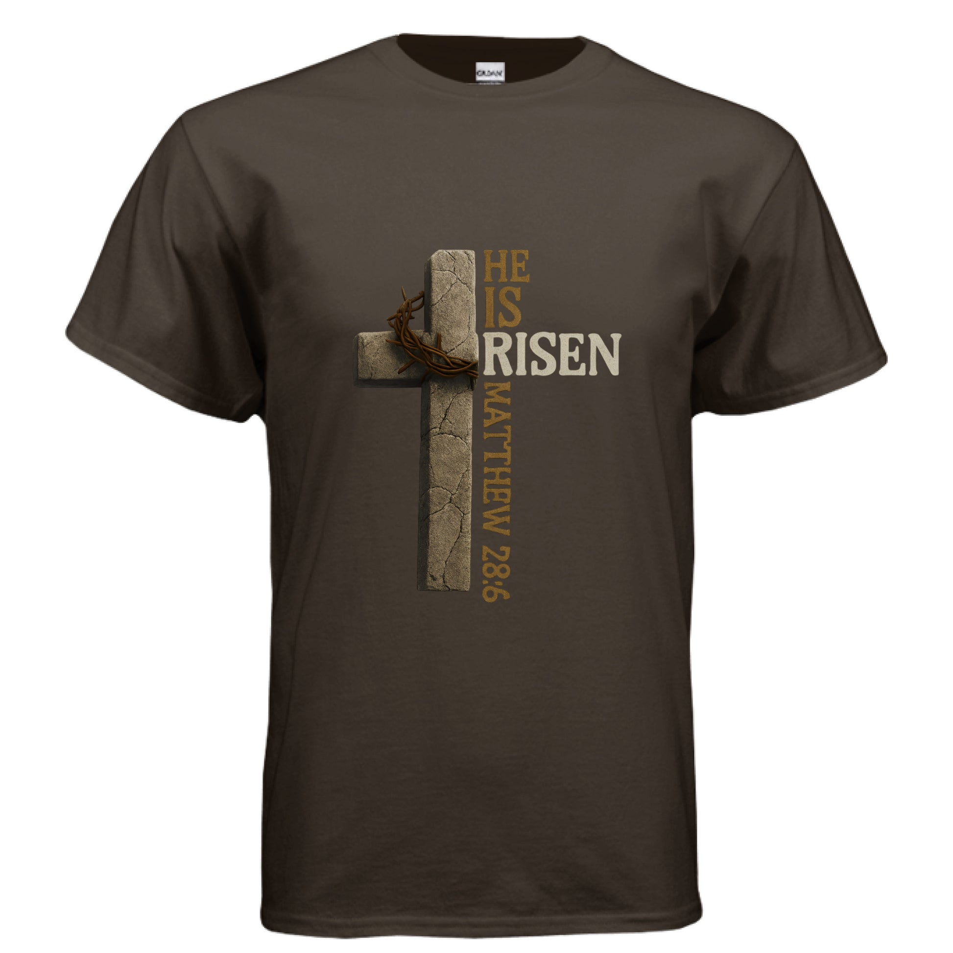 He is Risen Matthew 28:6 Faith T-Shirt DARK CHOCOLATE Salvation FaithWear Apparel