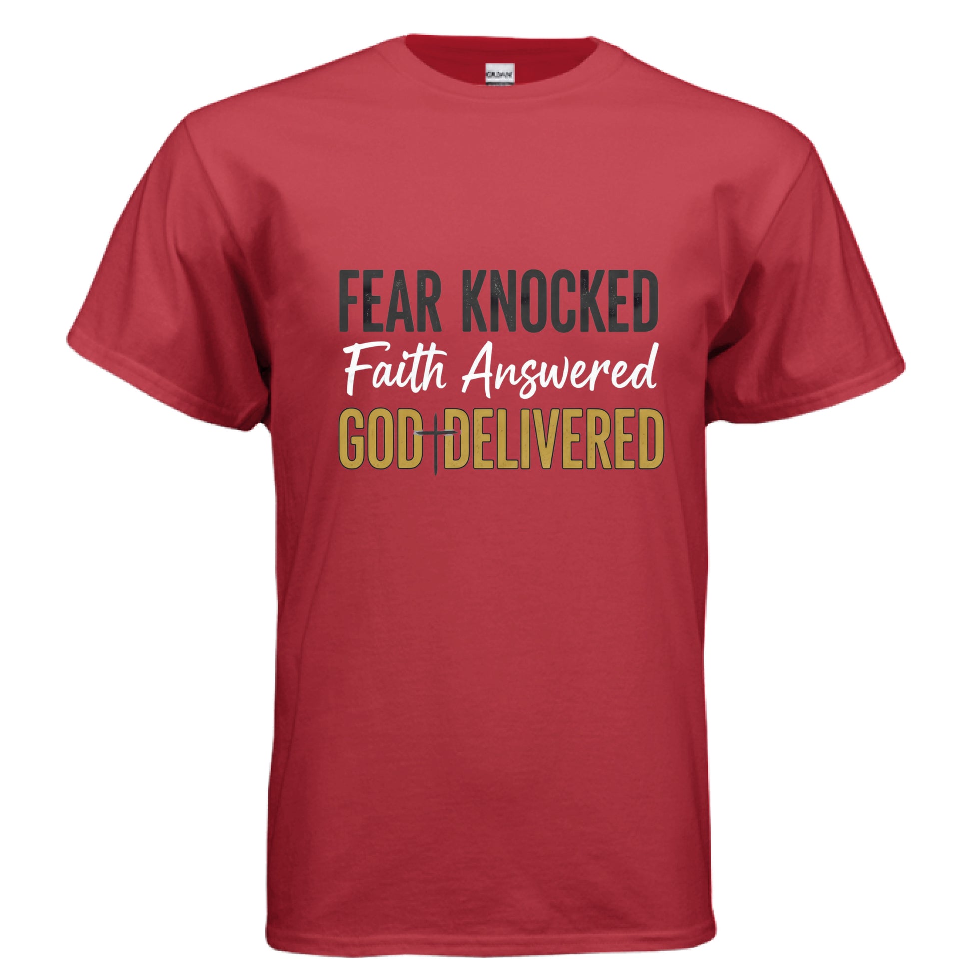 Fear Knocked Faith Answered God Delivered-Faith T-Shirt RED Salvation FaithWear Apparel