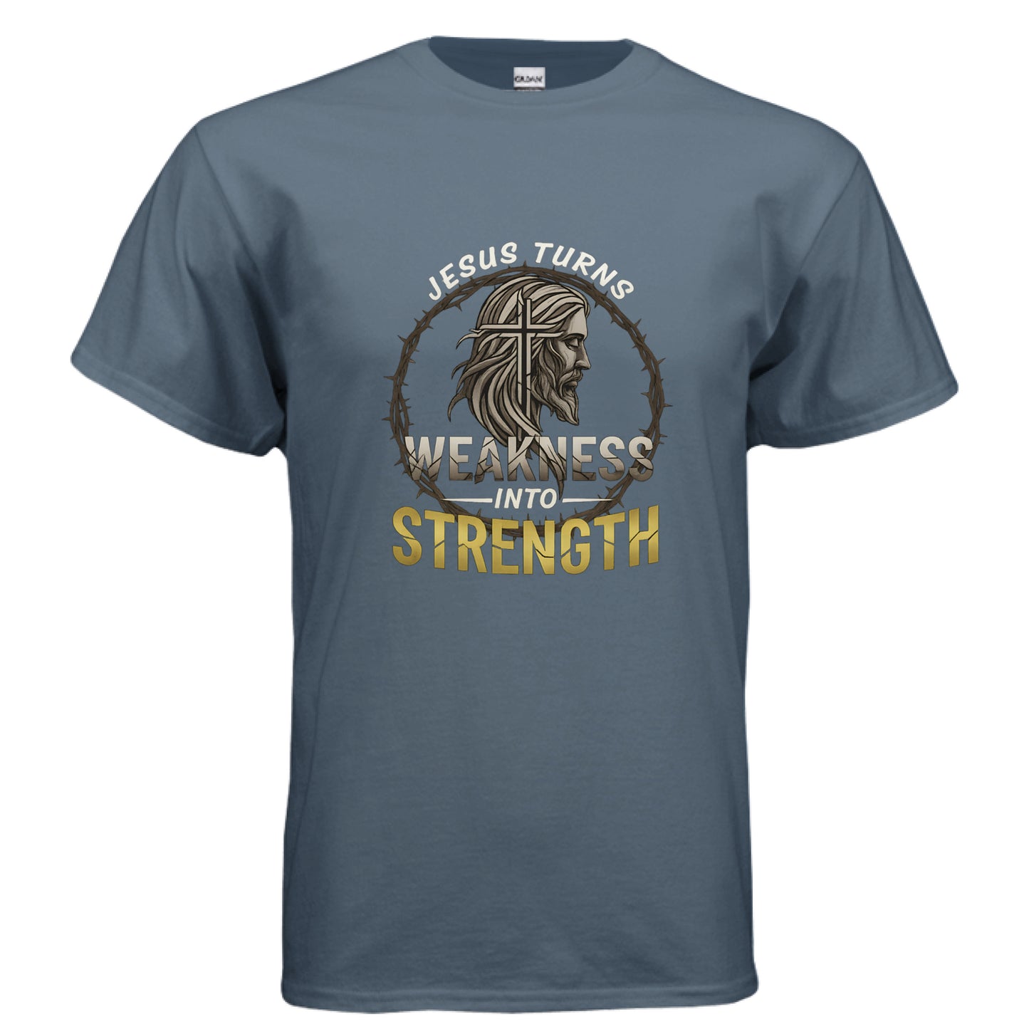 Jesus Turns Weakness into Strength Faith T-Shirt INDIGO BLUE Salvation FaithWear Apparel