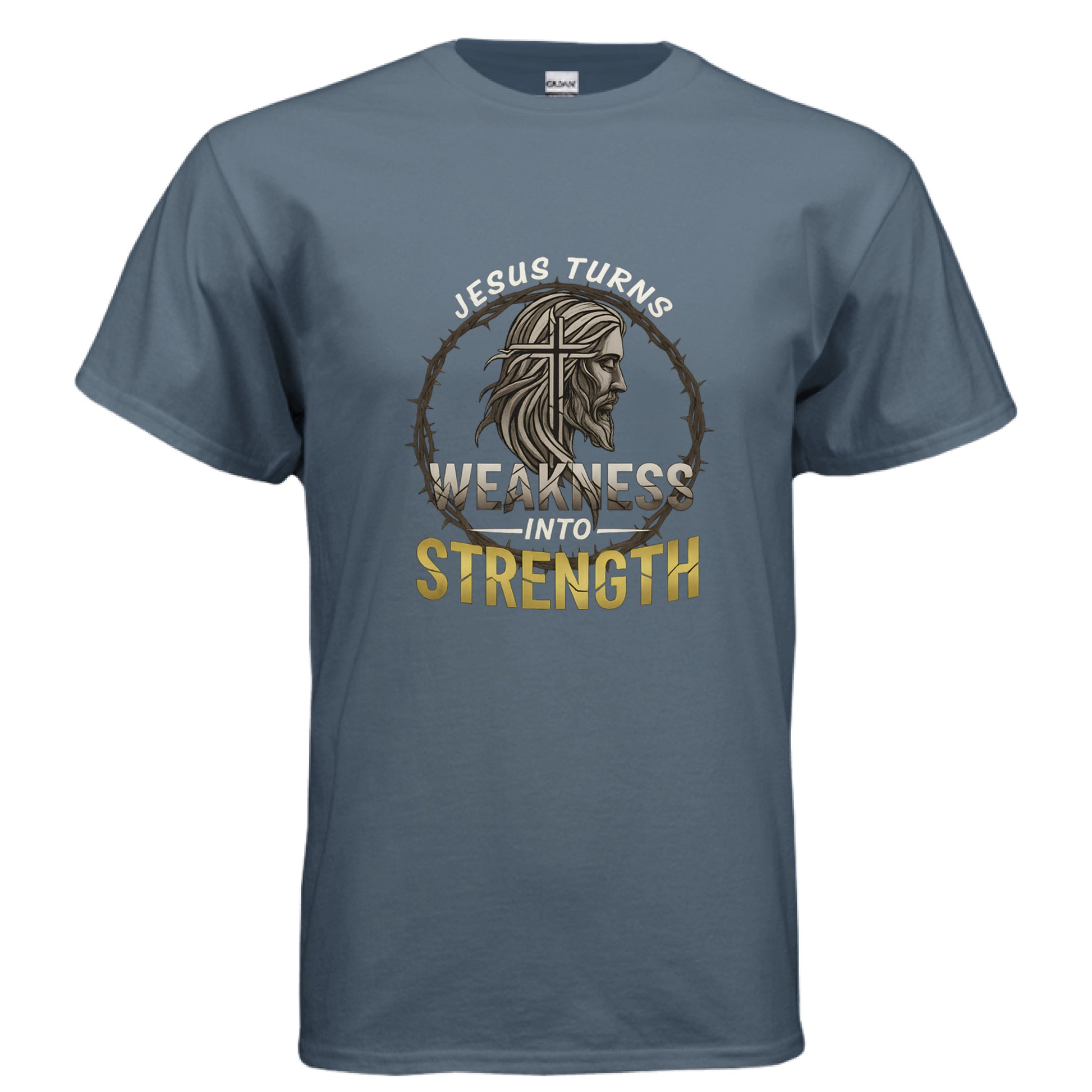 Jesus Turns Weakness into Strength Faith T-Shirt INDIGO BLUE Salvation FaithWear Apparel