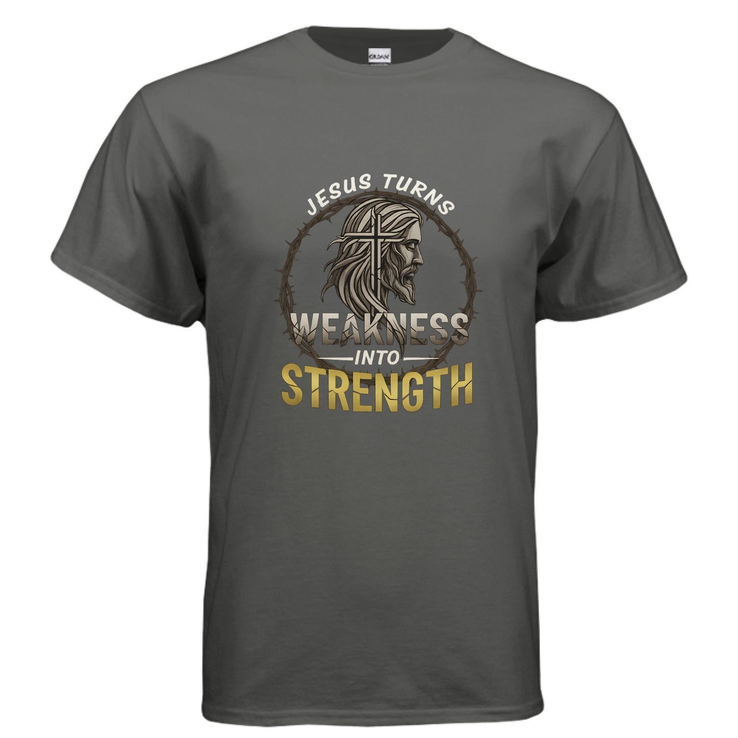 Jesus Turns Weakness into Strength Faith T-Shirt CHARCOAL Salvation FaithWear Apparel