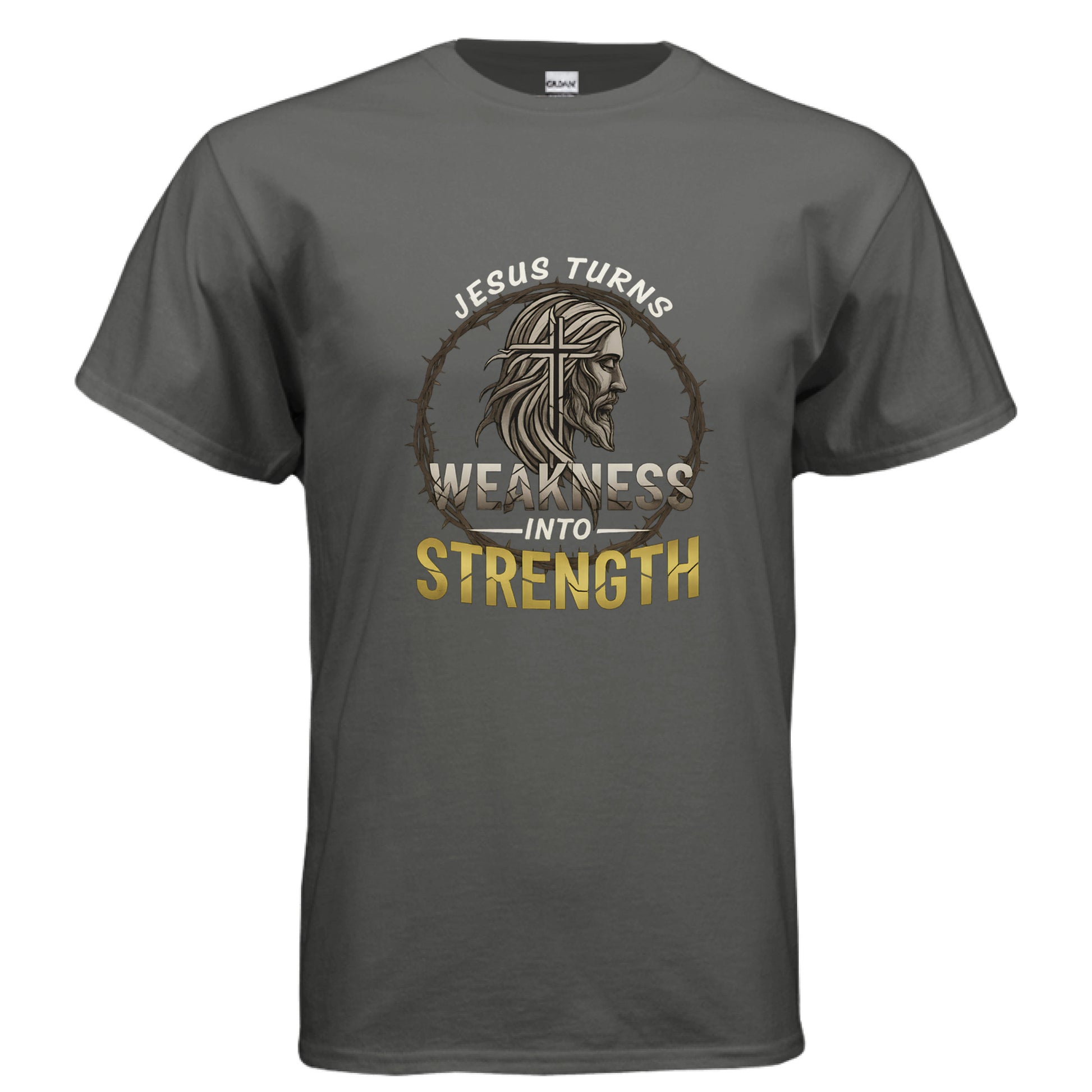 Jesus Turns Weakness into Strength Faith T-Shirt CHARCOAL Salvation FaithWear Apparel