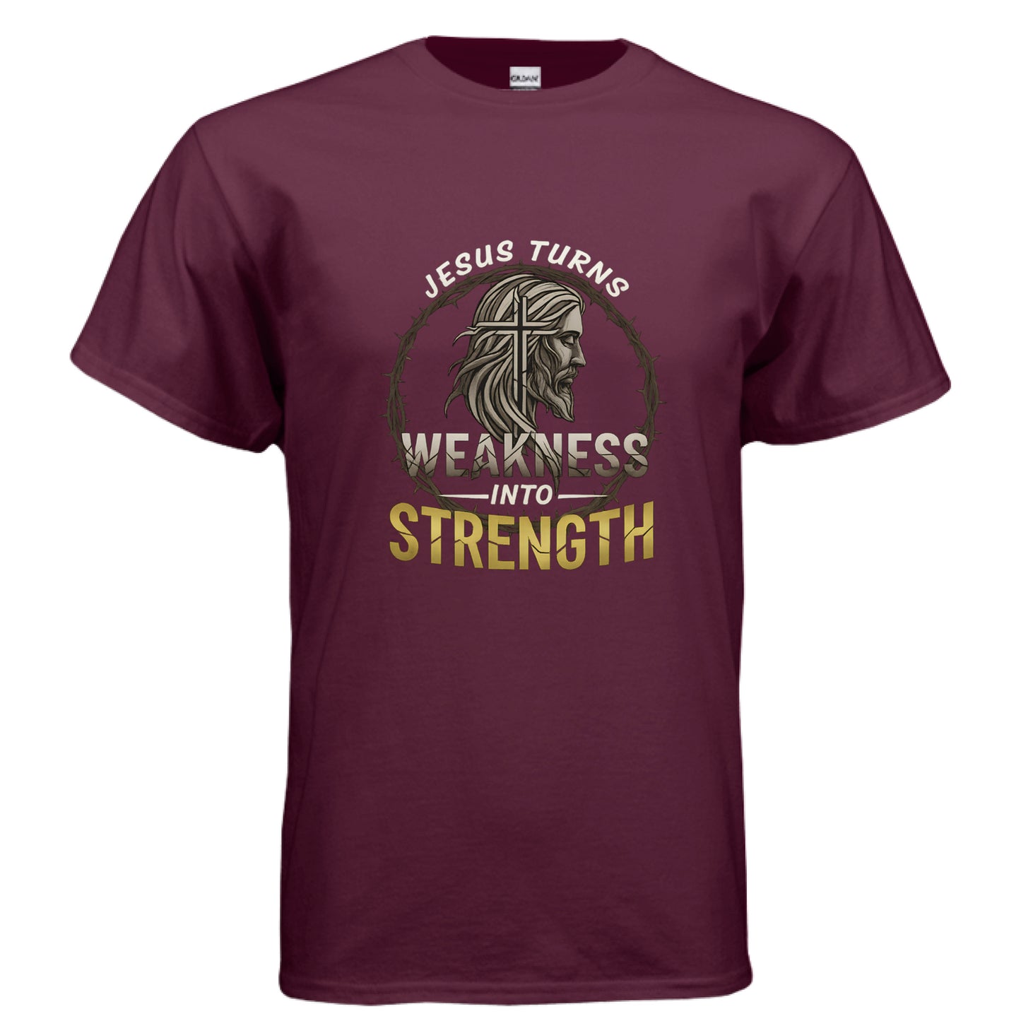 Jesus Turns Weakness into Strength Faith T-Shirt MAROON Salvation FaithWear Apparel