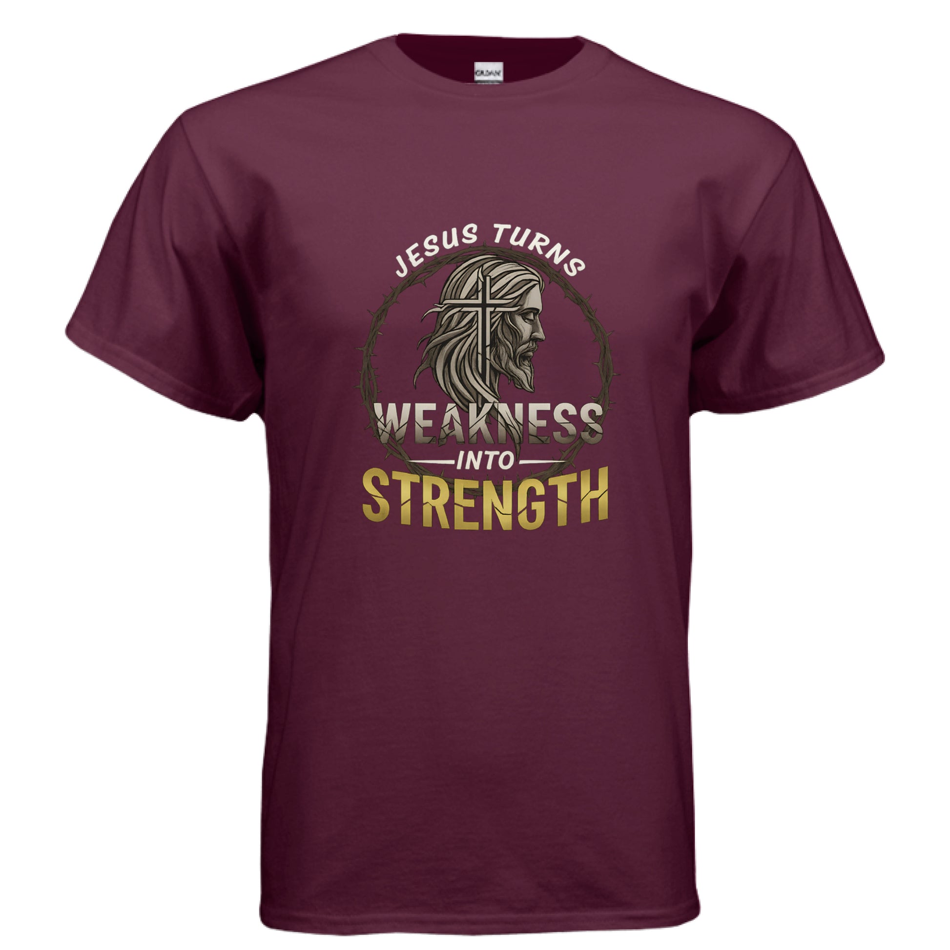 Jesus Turns Weakness into Strength Faith T-Shirt MAROON Salvation FaithWear Apparel