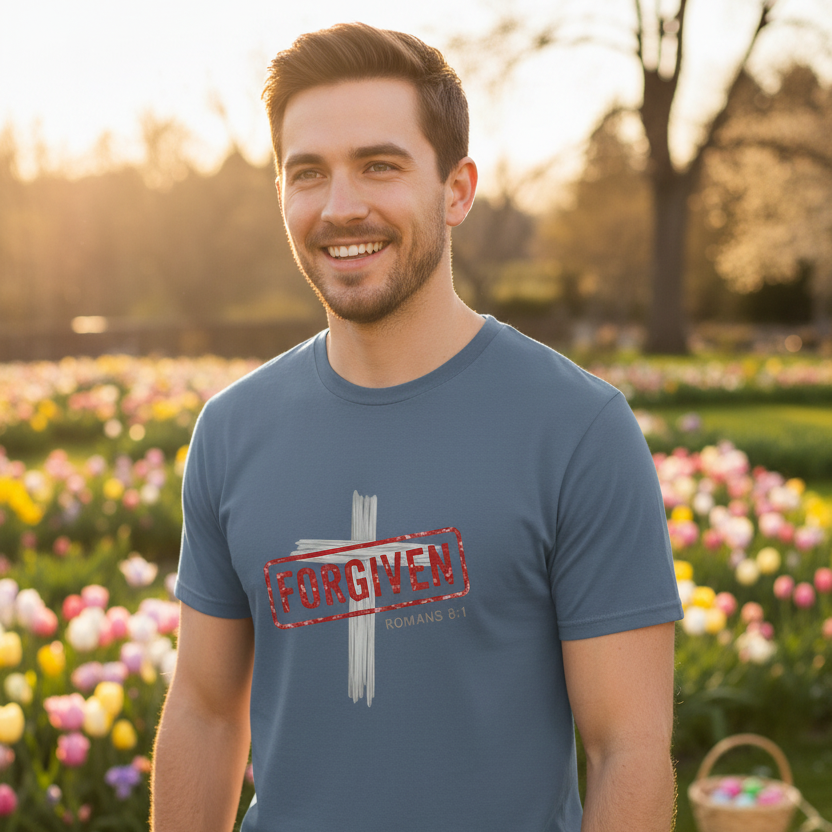 Forgiven Romans 8:1 Faith T-Shirt INDIGO BLUE Salvation FaithWear Apparel