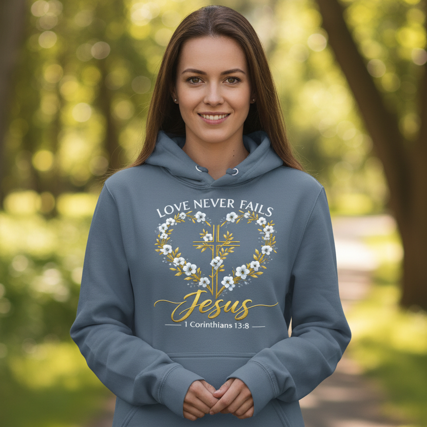 Love Never Fails 1 Corinthians 13:8 Faith Hoodie