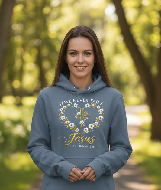 Love Never Fails 1 Corinthians 13:8 Faith Hoodie