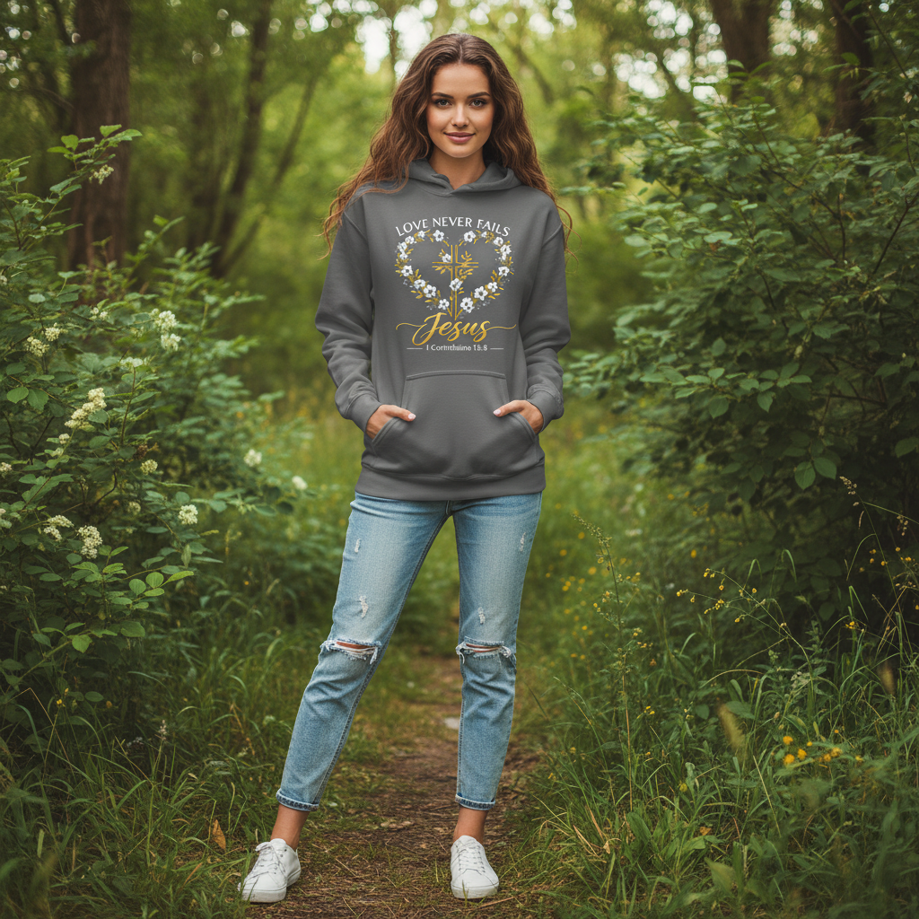 Love Never Fails 1 Corinthians 13:8 Faith Hoodie