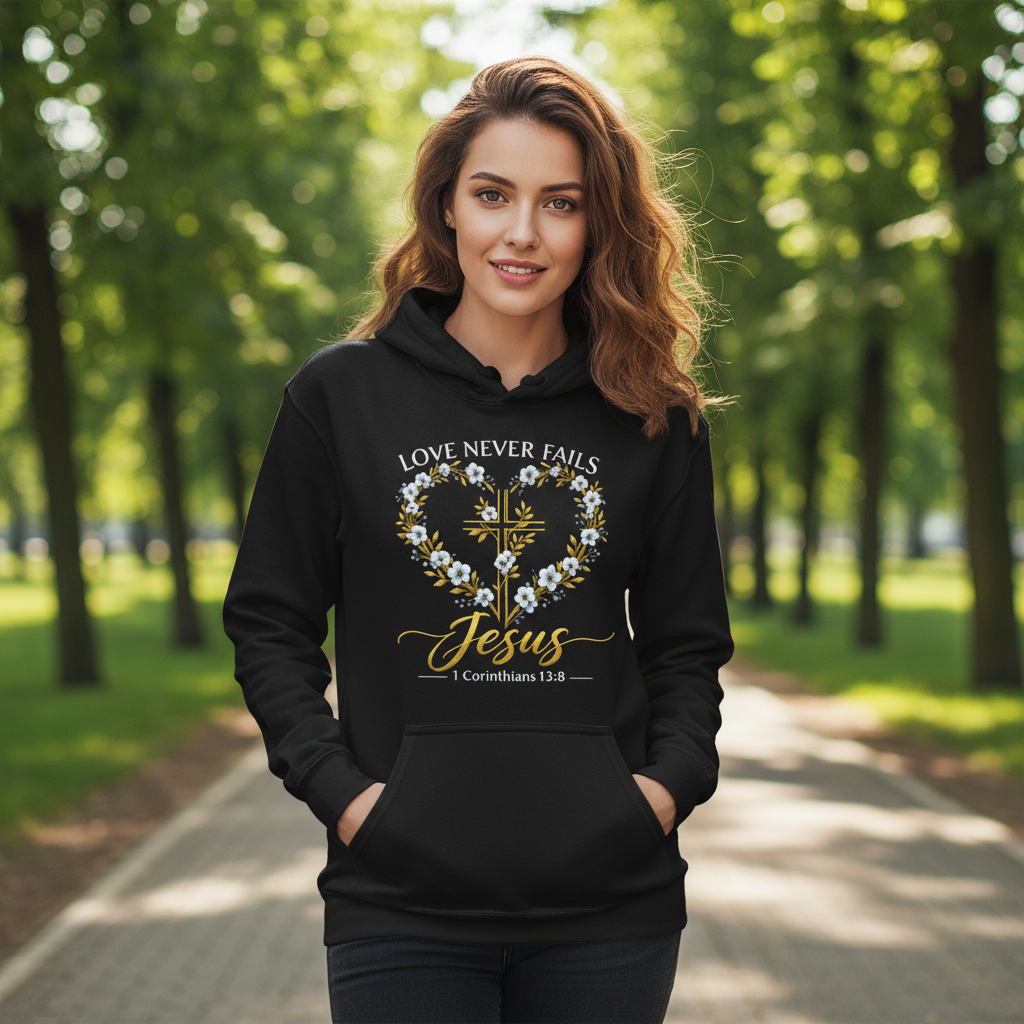 Love Never Fails 1 Corinthians 13:8 Faith Hoodie