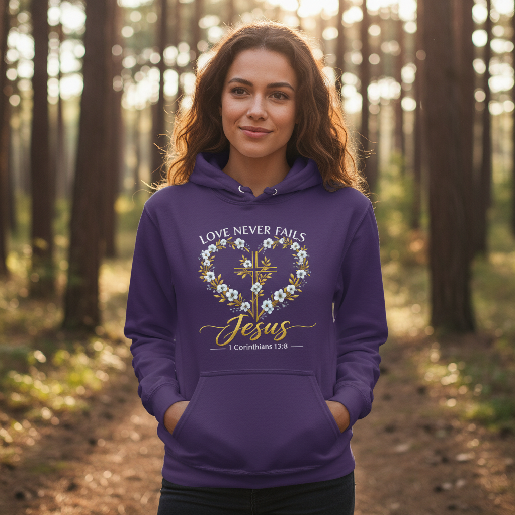 Love Never Fails 1 Corinthians 13:8 Faith Hoodie