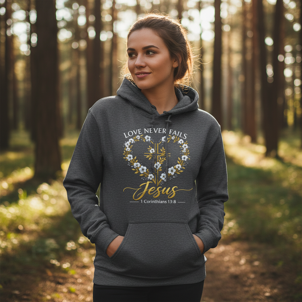 Love Never Fails 1 Corinthians 13:8 Faith Hoodie