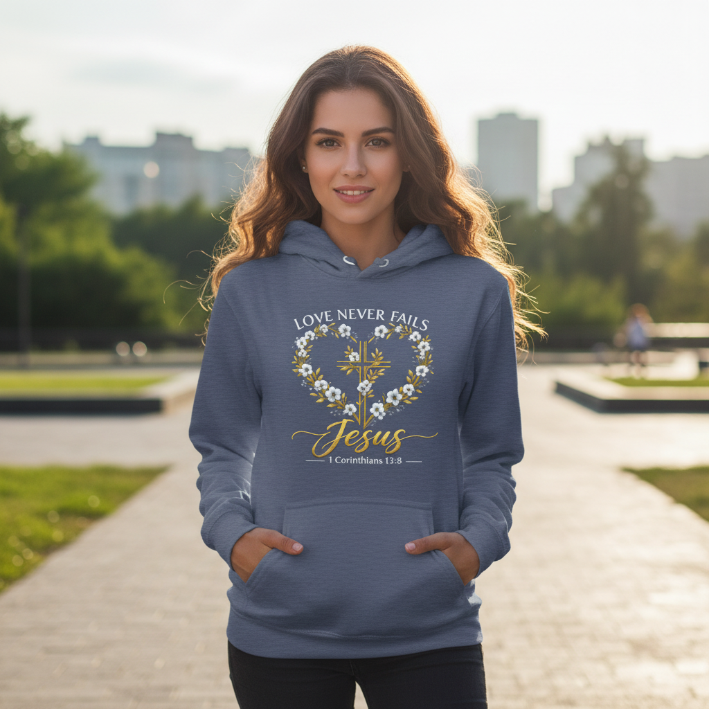 Love Never Fails 1 Corinthians 13:8 Faith Hoodie