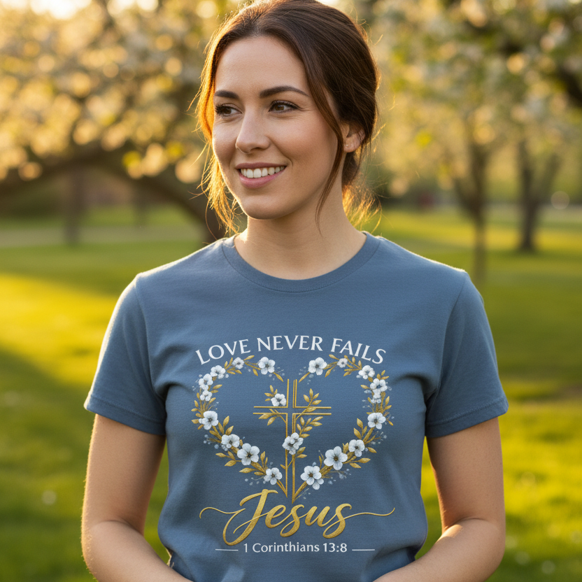 Love Never Fails 1 Corinthians 13:8 Faith T-Shirt
