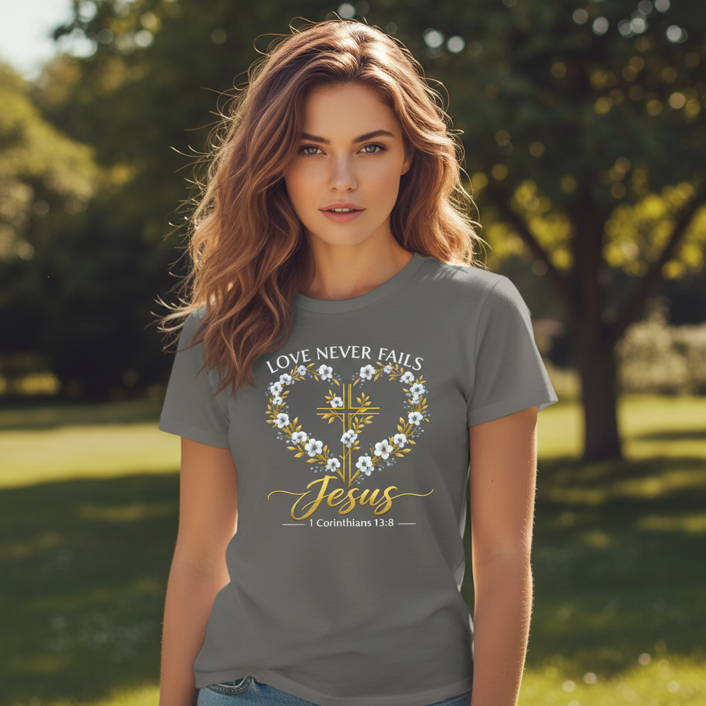 Love Never Fails 1 Corinthians 13:8 Faith T-Shirt