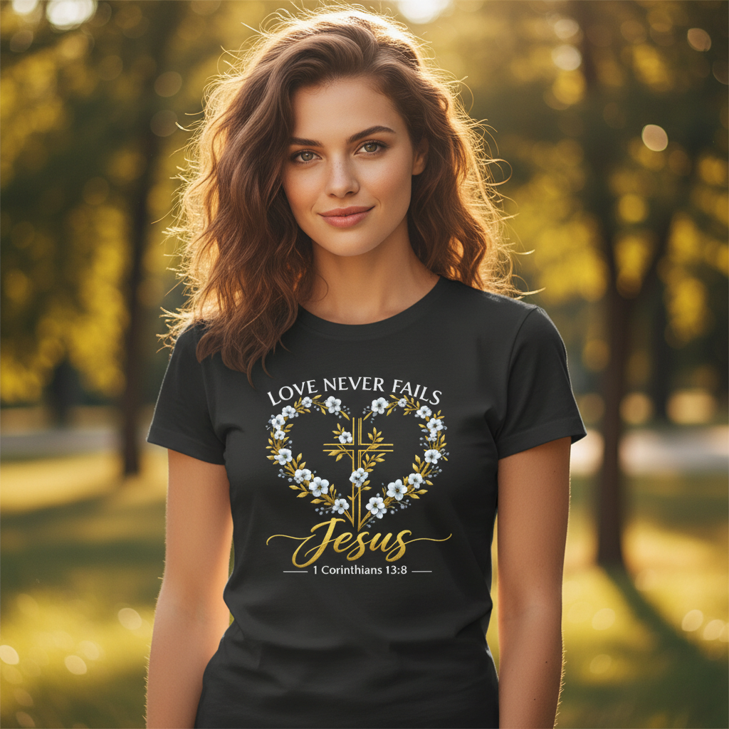 Love Never Fails 1 Corinthians 13:8 Faith T-Shirt