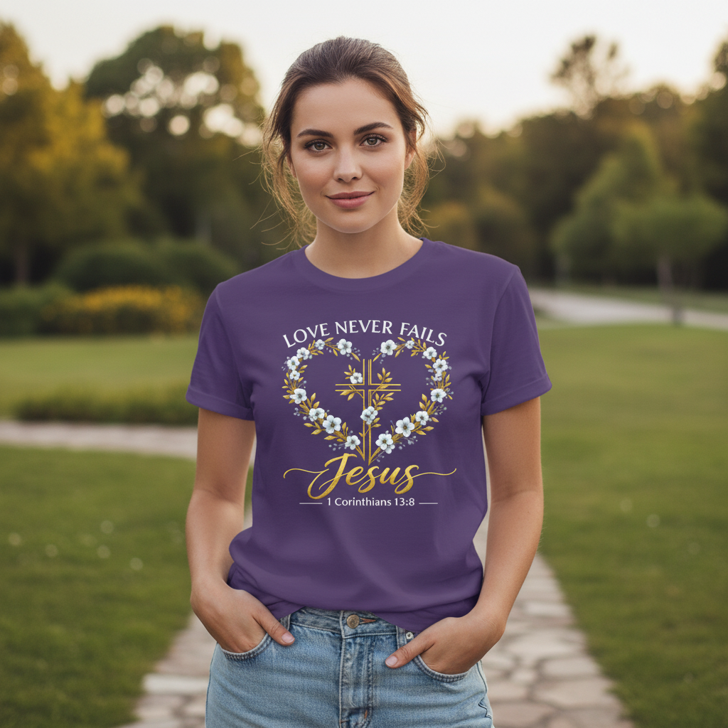 Love Never Fails 1 Corinthians 13:8 Faith T-Shirt