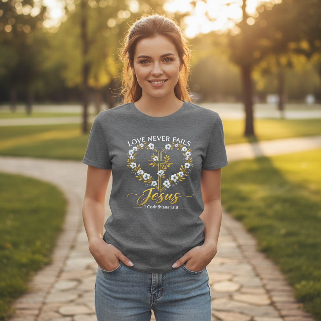 Love Never Fails 1 Corinthians 13:8 Faith T-Shirt