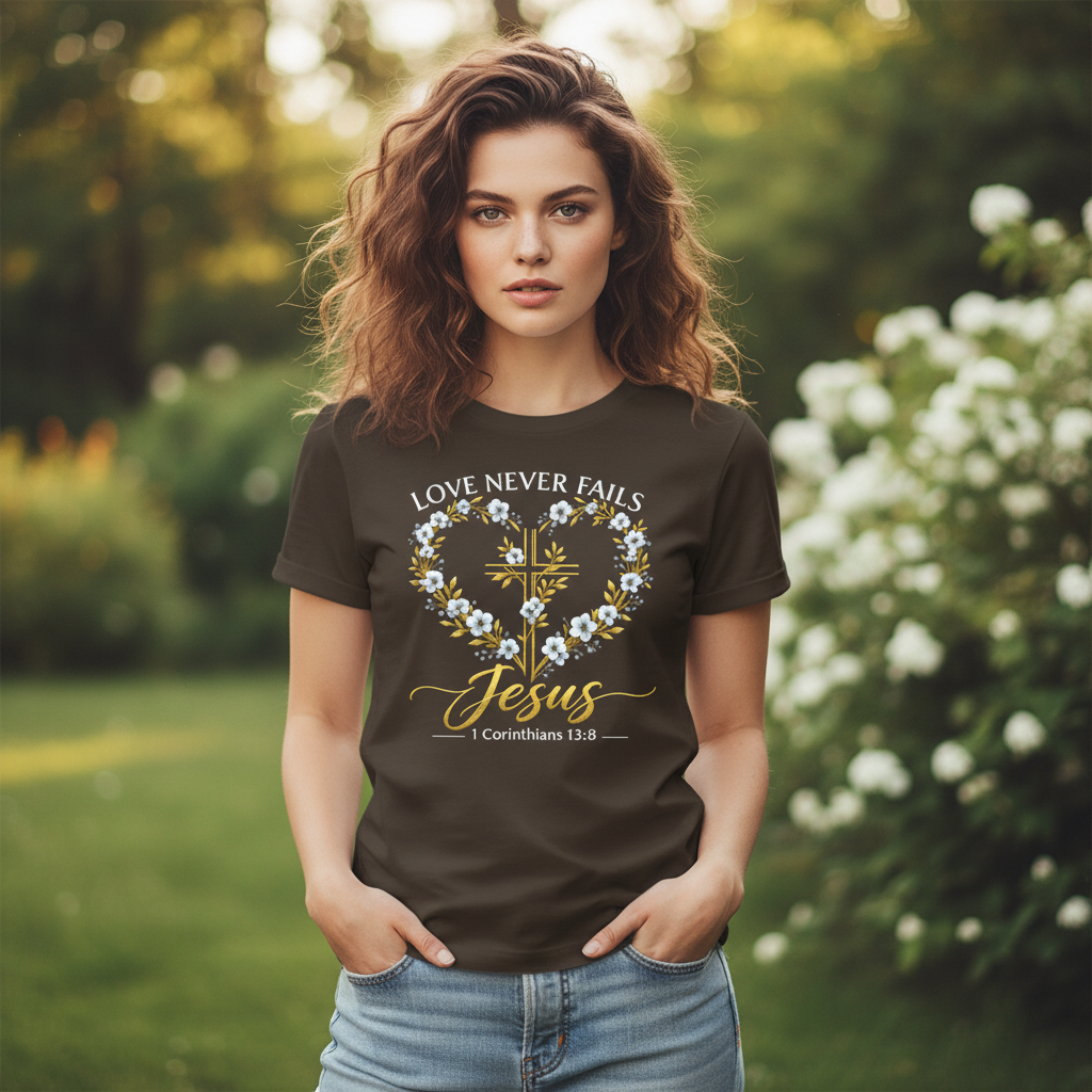 Love Never Fails 1 Corinthians 13:8 Faith T-Shirt