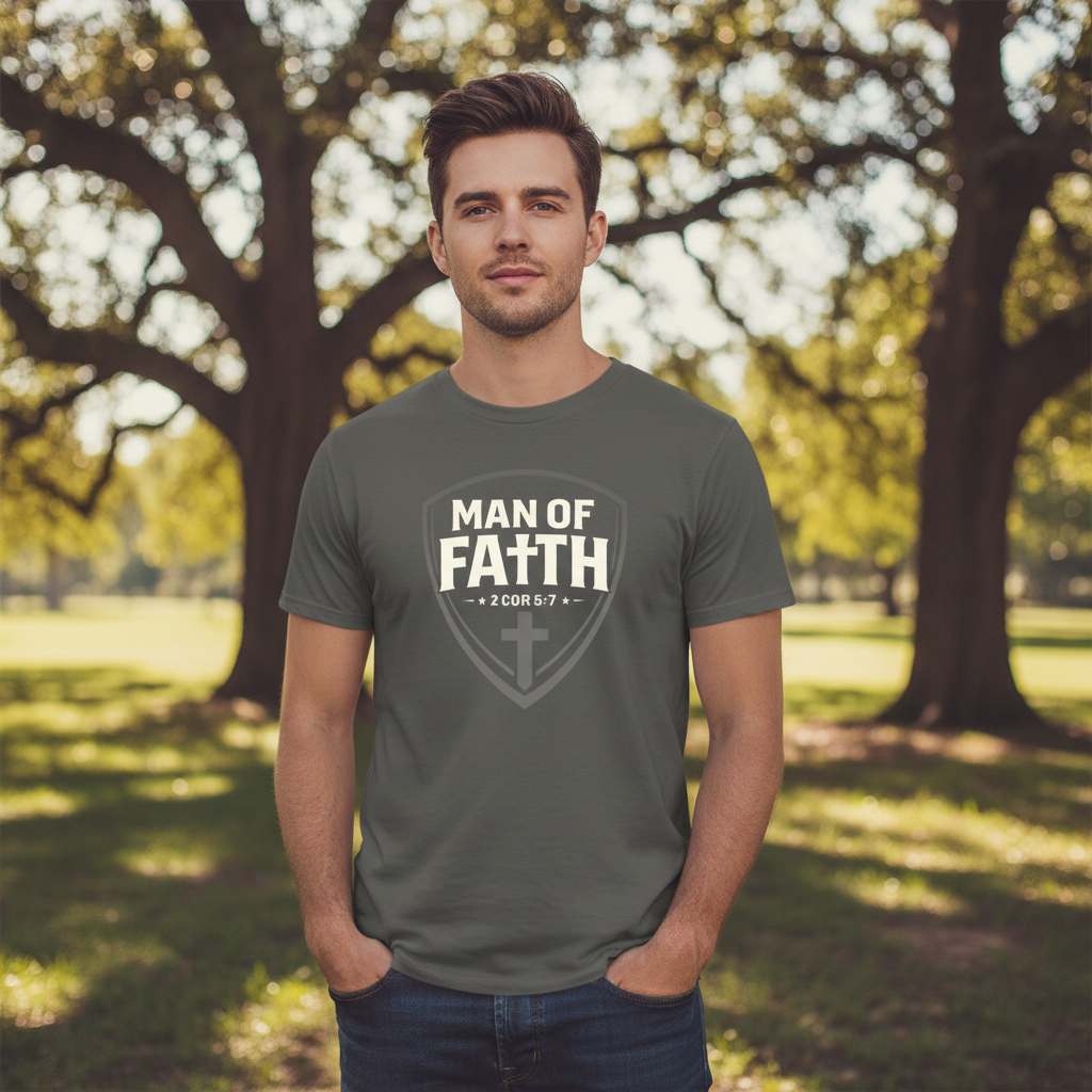 Man of Faith 2 Corinthians 5:7 Faith T-Shirt