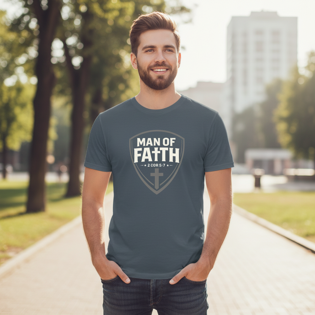 Man of Faith 2 Corinthians 5:7 Faith T-Shirt