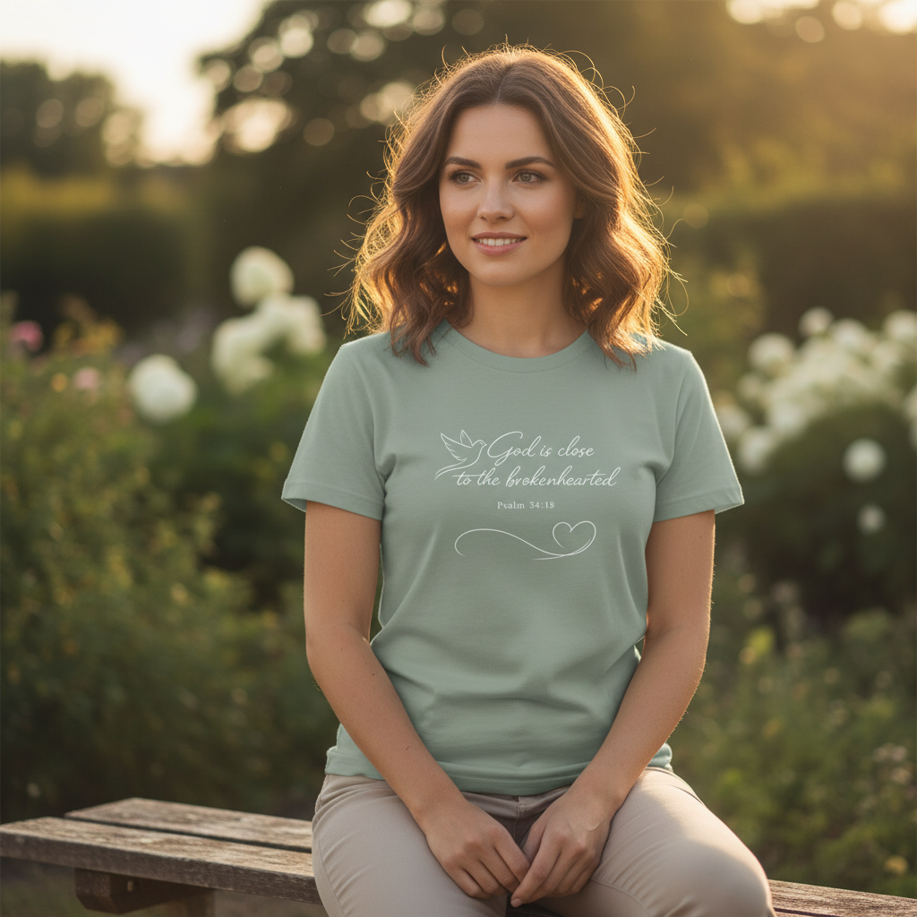 God is Close to the Brokenhearted Psalm 34:18 Faith T-Shirt