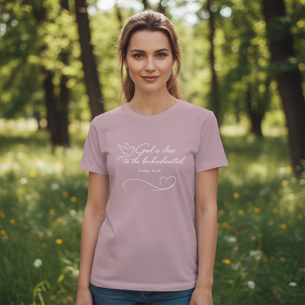 God is Close to the Brokenhearted Psalm 34:18 Faith T-Shirt